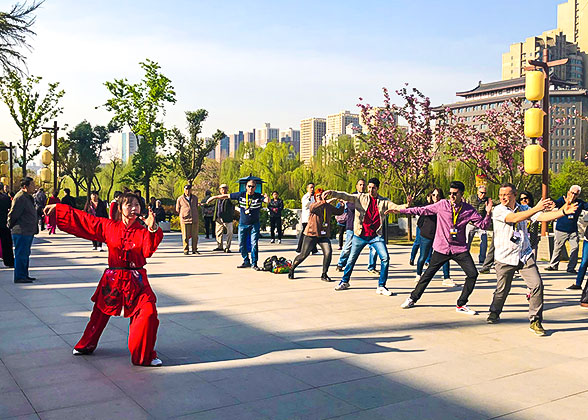Our guests are practicing Tai Chi with the master