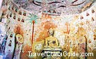 Elegant Buddha statues and colorful designs engraved inside a cave in Bingling reveal the advanced art level grasped by local artists during that time.