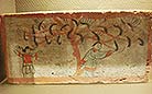 Painted Brick (replica) of the Jin Dynasty (265-420): During the Wei and Jin Dynasties, Silk was produced in northwest China. Mulberry trees were cultivated intensively in the regions of present-day Gansu and Xinjiang. The painting shows the gathering of mulberry leaves by members of non-Han Chinese ethnic groups who lived in the Gansu Corridor