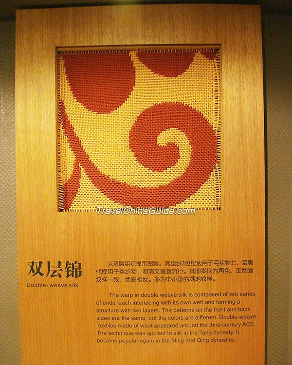 Double-weave Silk: The warp in double weave silk is composed of two series of ends, each interlacing with its own weft and forming a structure with two layers. The patterns on the front and back sides are the same, but the colors are different. Double-weave textiles made of wool appeared around the 3rd century AD. The technique was applied to silk in the Tang Dynasty. It became popular again in the Ming and Qing Dynasties.