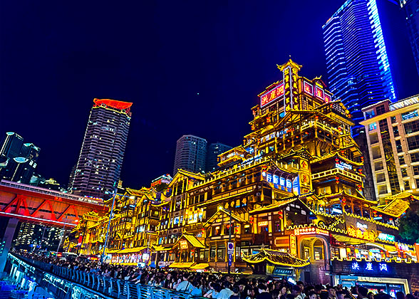 Gorgeous Night Views of Hongya Cave