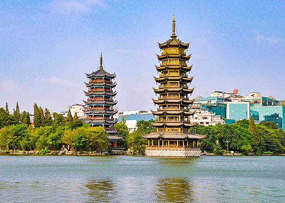 Sun Pagoda and Moon Pagoda at Shan Lake