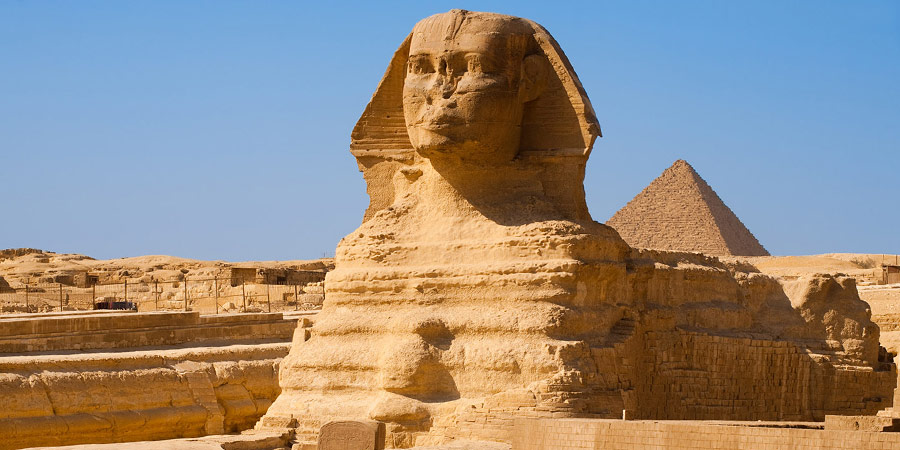 The Great Sphinx with the Pyramids of Giza